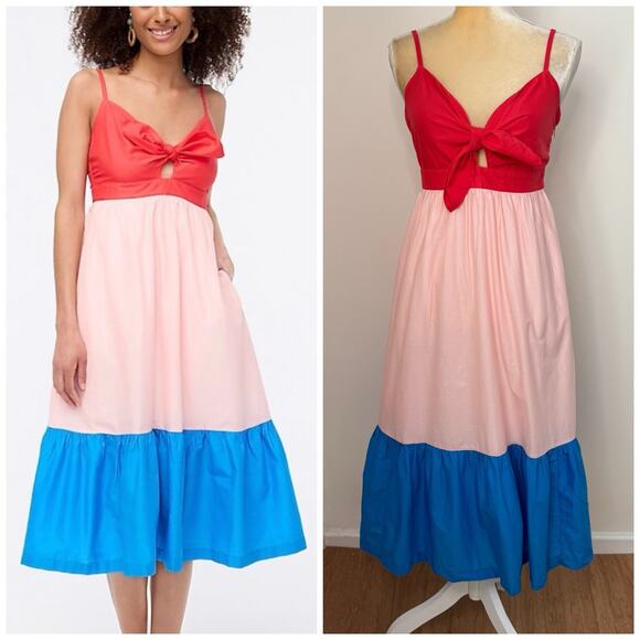J Crew Colorblock Tiered Tie Front Midi Dress Size 6 Pink Red Blue Lined - Picture 1 of 14